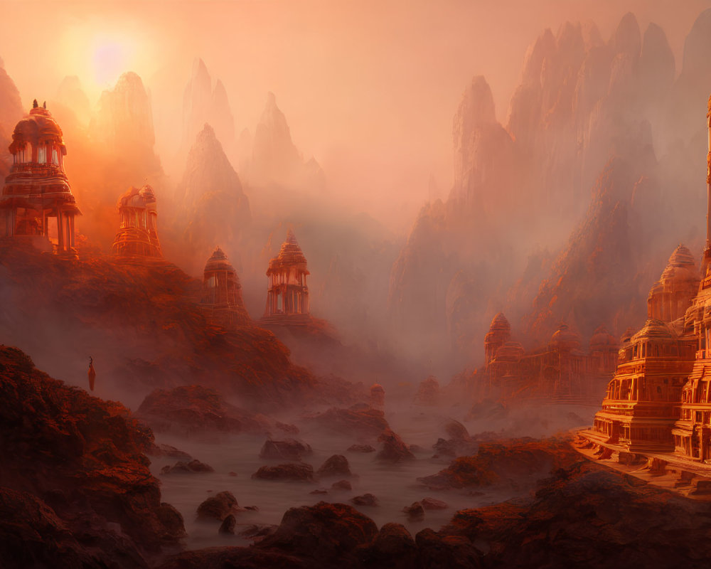 Mystical landscape with towering spires, ancient temples, and a solitary figure by a river