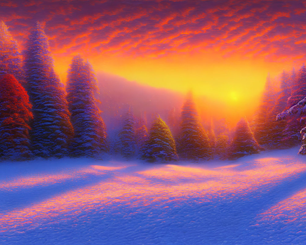 Snow-covered trees under red and orange sunset sky in winter landscape