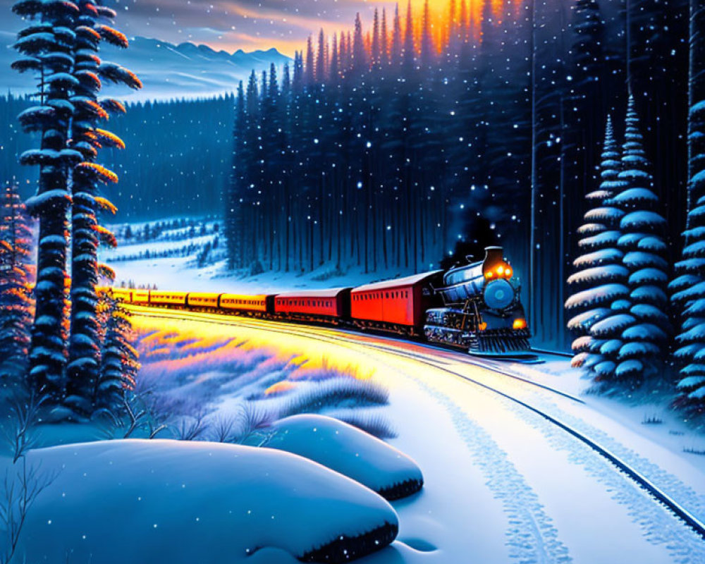 Vintage steam train journey through snowy night landscape under starry sky