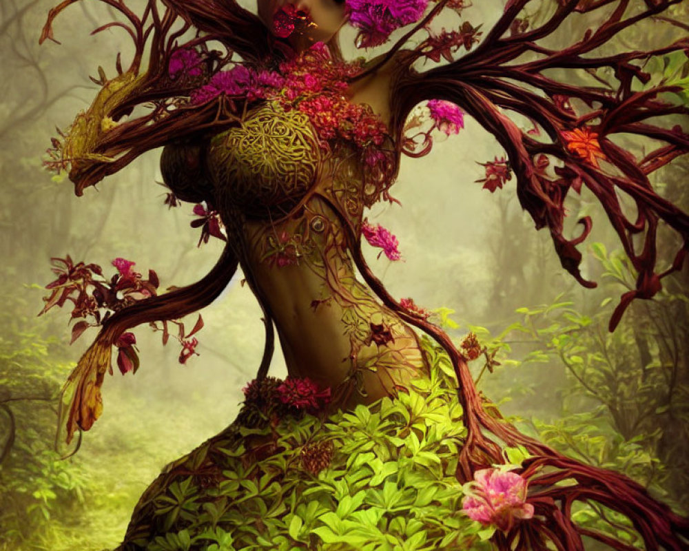 Fantastical Female Figure with Tree Branch Limbs and Flowers in Misty Forest