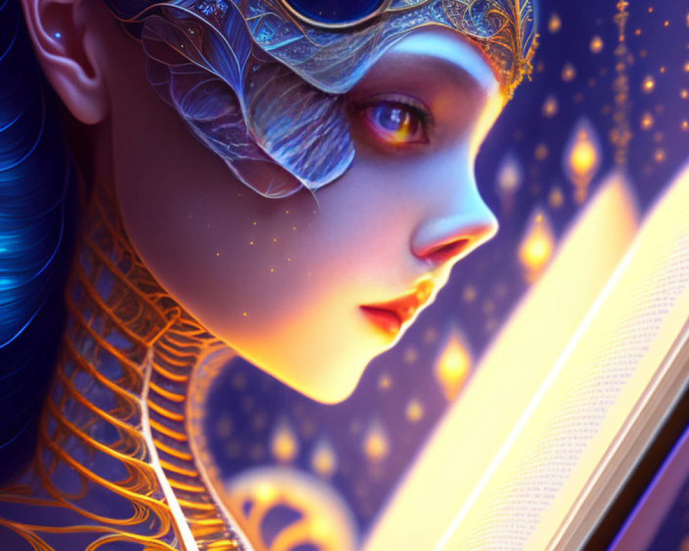 Portrait of woman with golden headgear and sapphire, reading glowing book in magical light