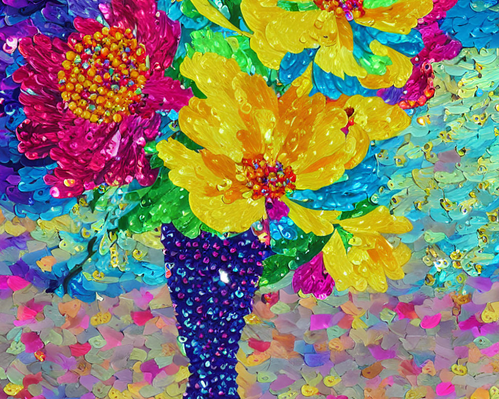 Colorful Impasto Painting of Vase with Flowers in Pink, Yellow, and Blue