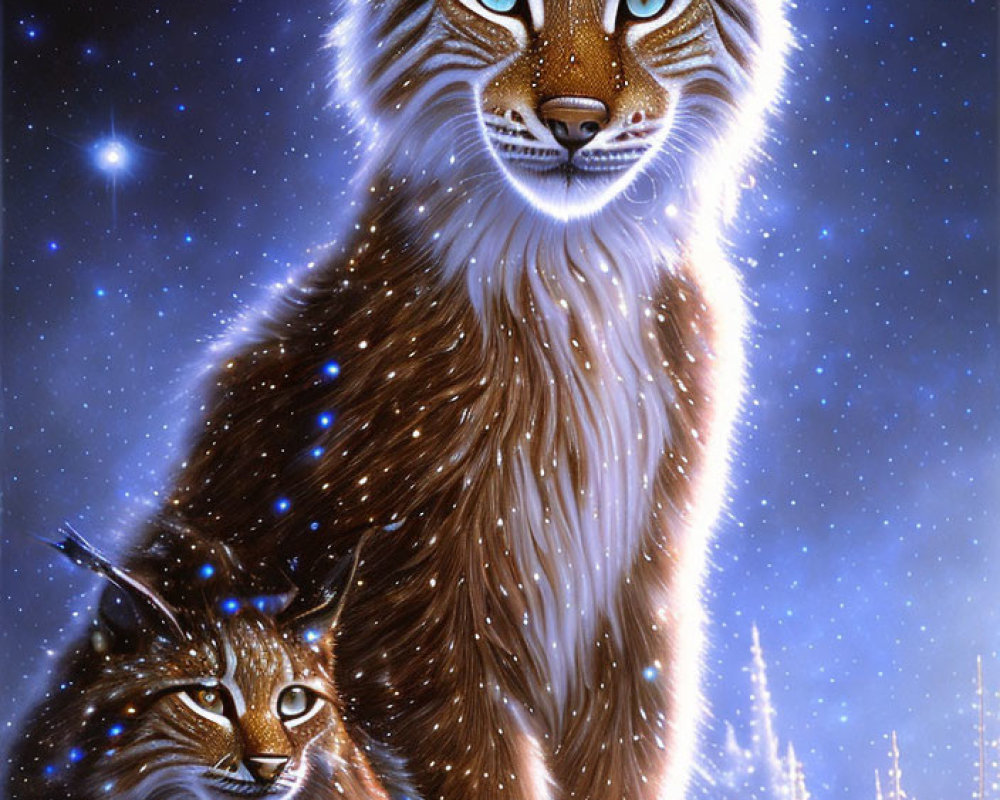 Majestic cats under starry night sky and snowy landscape