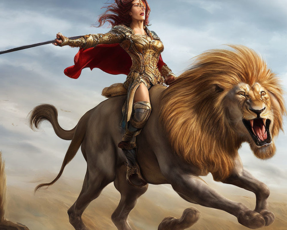 Warrior woman with red hair riding lion wields spear under dramatic sky