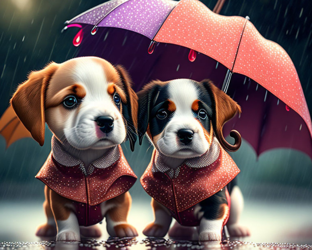 Adorable puppies in polka-dot raincoats under pink umbrella