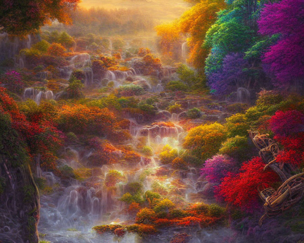 Colorful Fantasy Landscape with Waterfalls and Sunset Glow