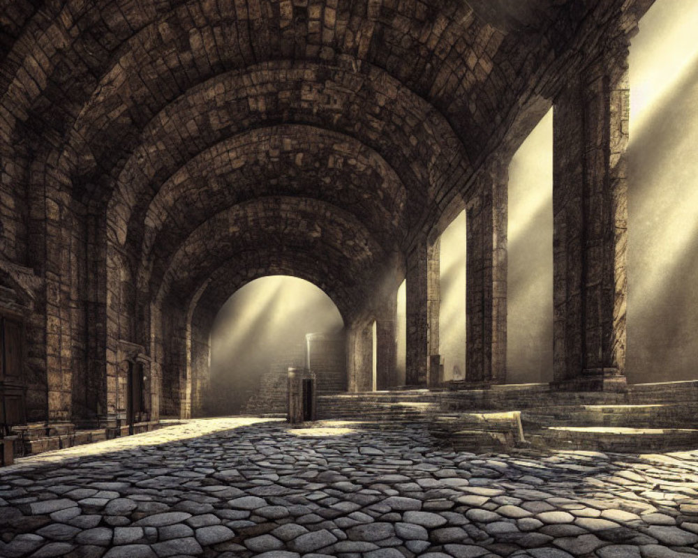 Stone archway and cobblestone flooring in historical building with dramatic sunlight shadows.