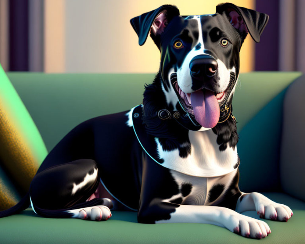 Happy black and white dog on green sofa with colorful background