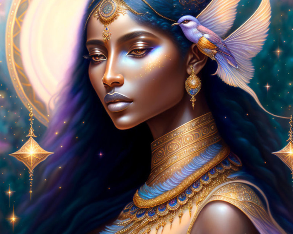 Ethereal woman with blue skin and golden jewelry in celestial setting