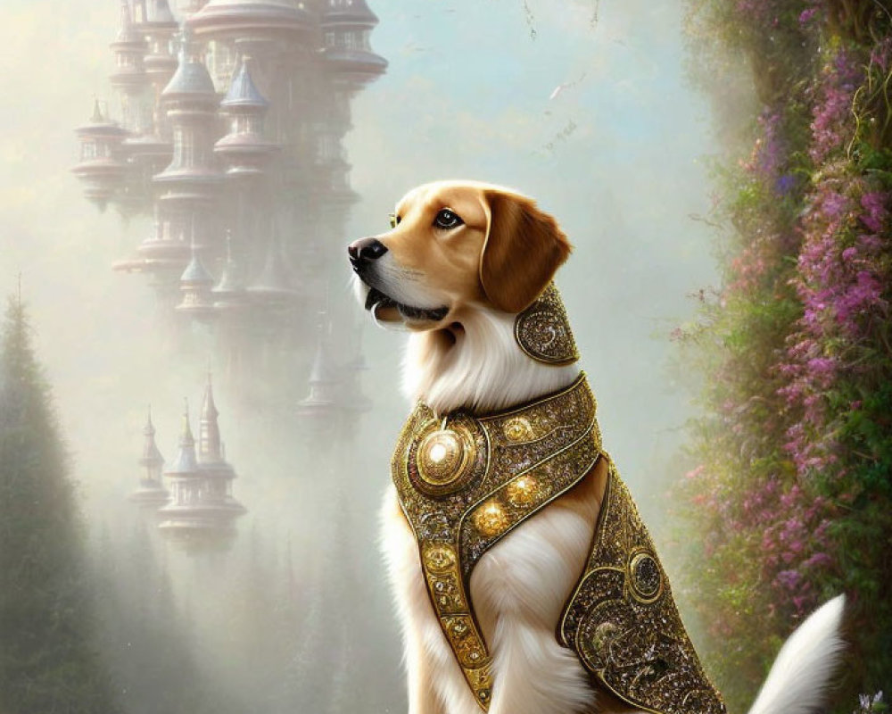 Majestic dog in gold-patterned cape at fantastical castle in misty forest