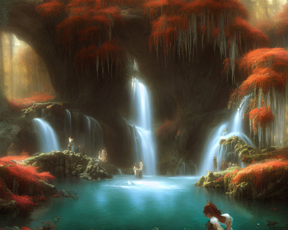 Ethereal forest with waterfalls, red foliage, and serene pond