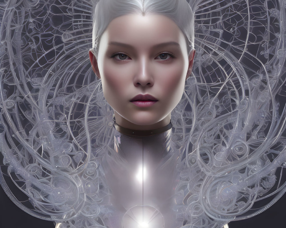 Futuristic woman with glowing white hair and metallic halo collar