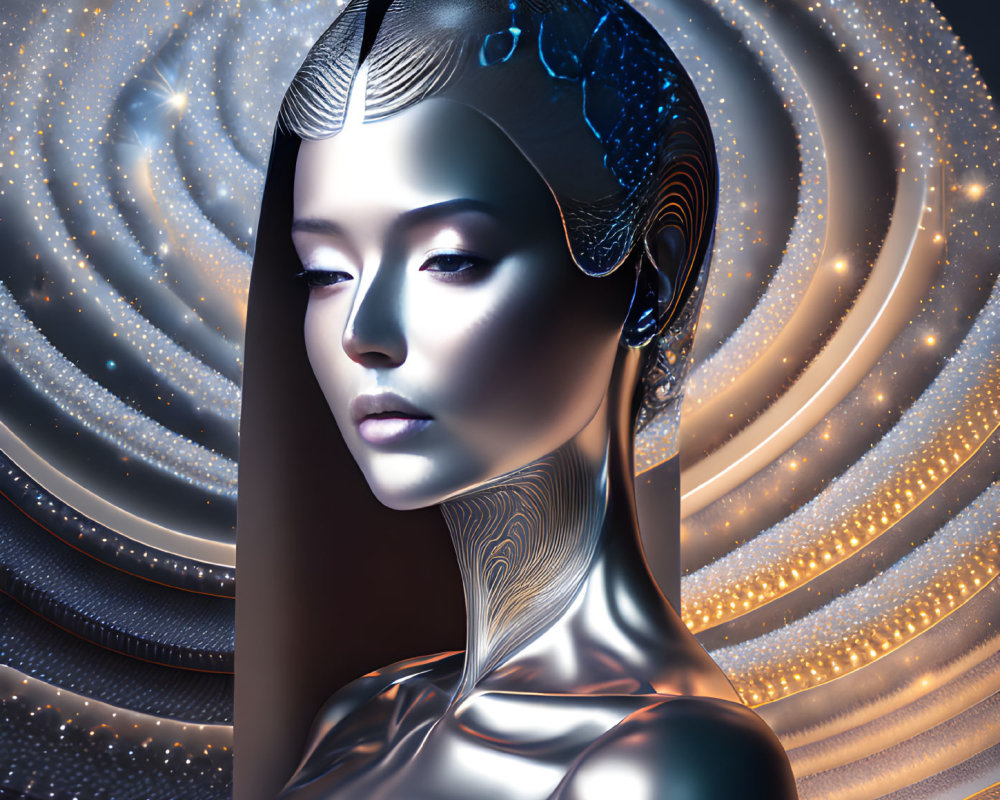 Metallic female figure with circuit patterns in cosmic backdrop