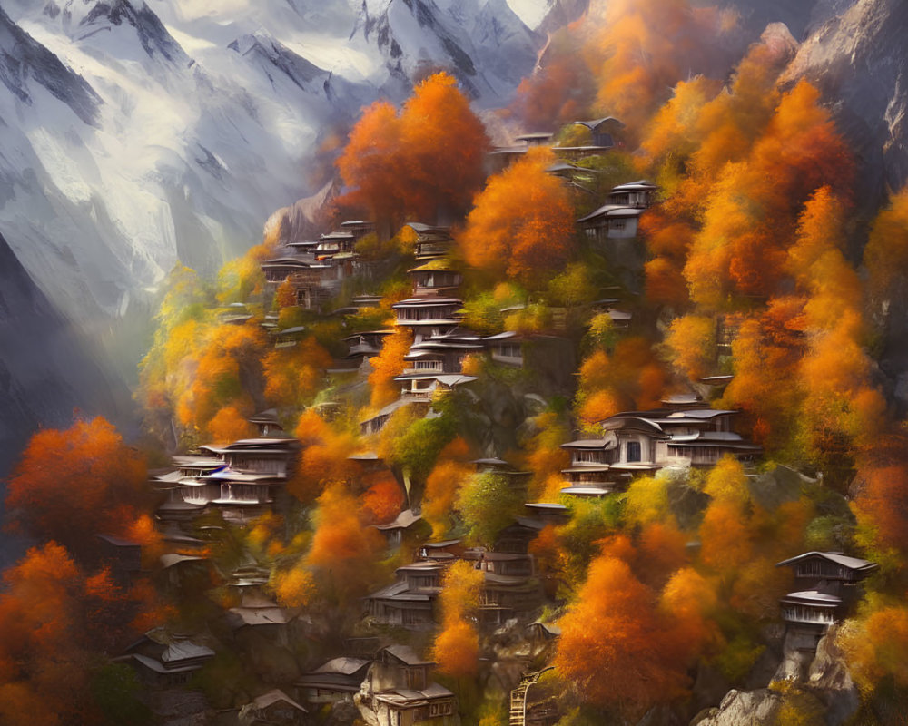 Scenic mountain village in autumn foliage with misty backdrop