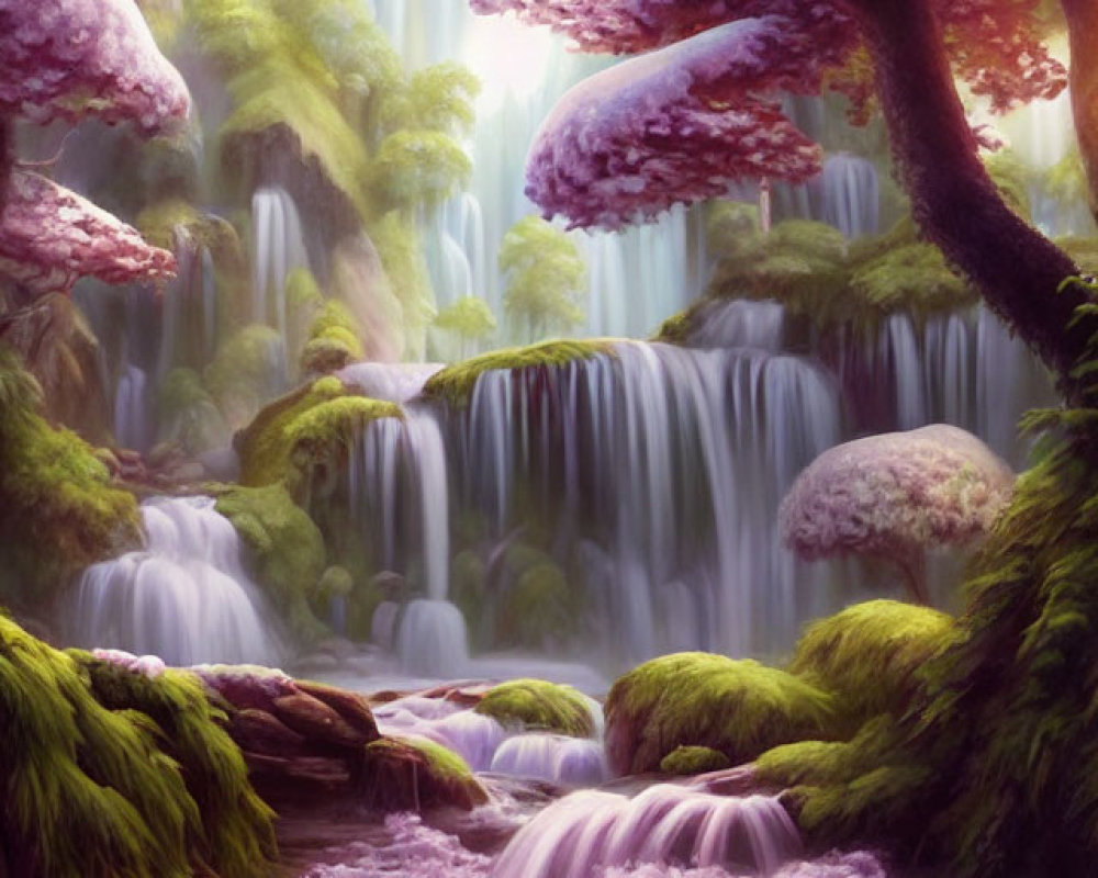 Tranquil fantasy landscape with waterfalls, moss, and purple trees