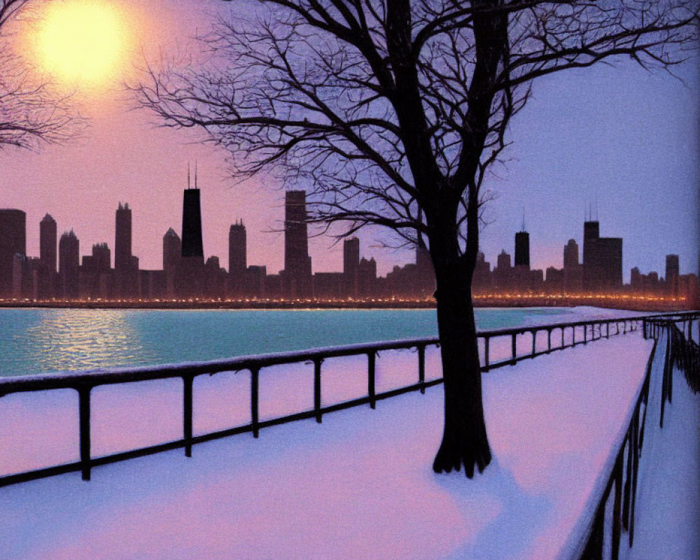 Winter Scene: Snowy Promenade by Lake with City Skyline at Sunset