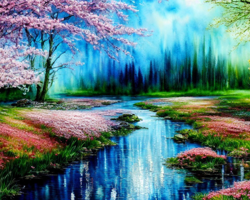 Colorful landscape with stream, pink blossoming trees, lush greenery, misty forest.