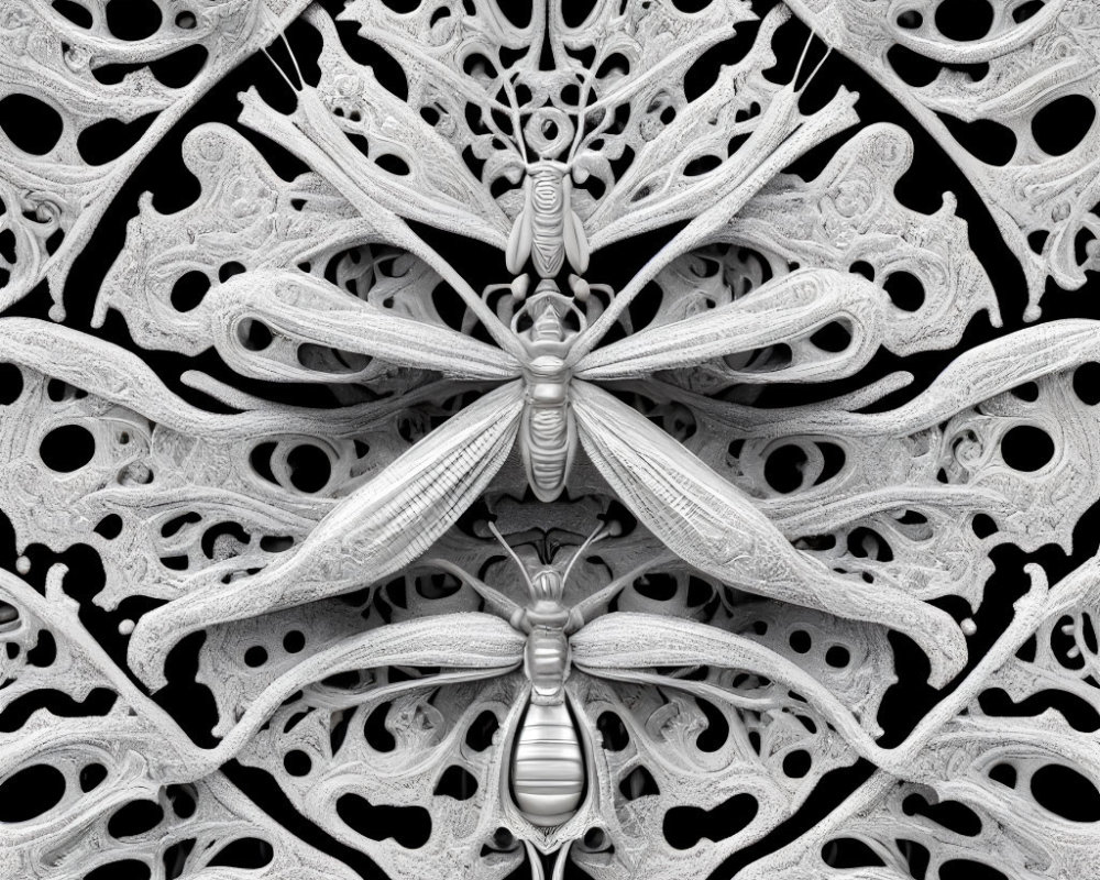 Symmetrical grayscale butterfly pattern with intricate lace-like designs