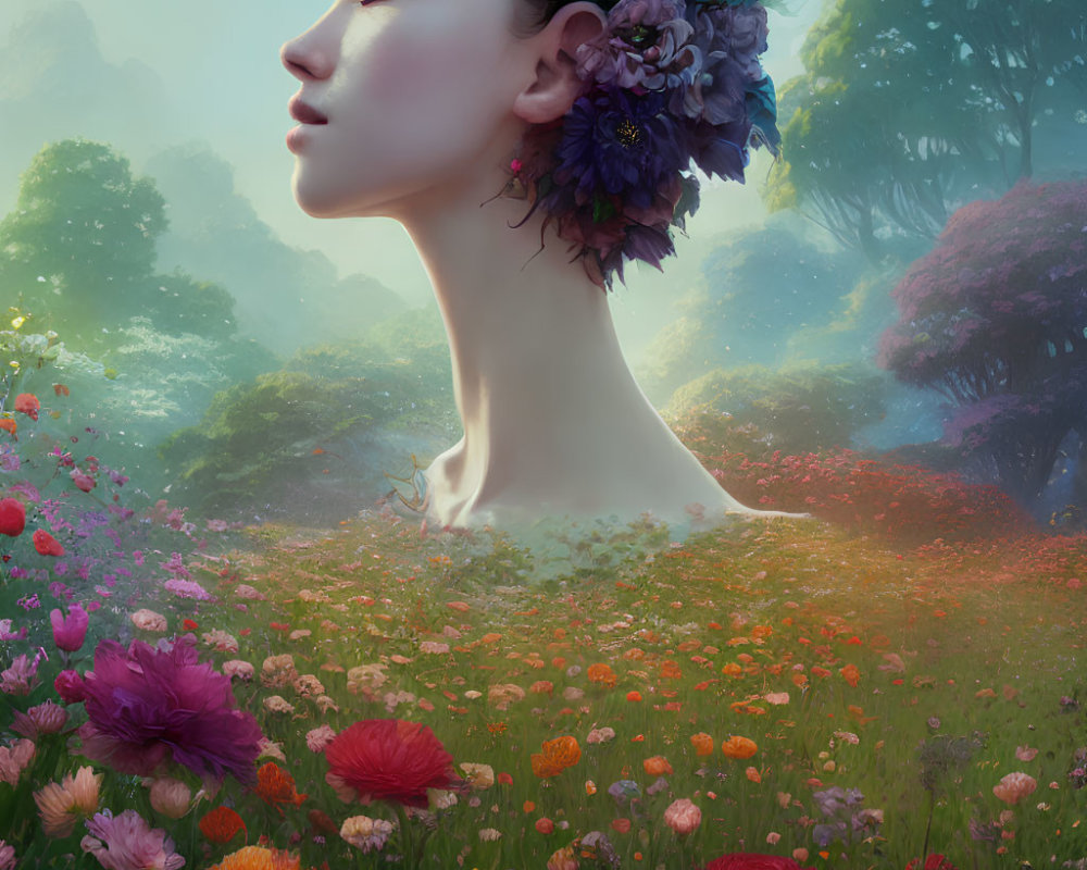 Woman with Floral Headdress in Vibrant Flower Landscape