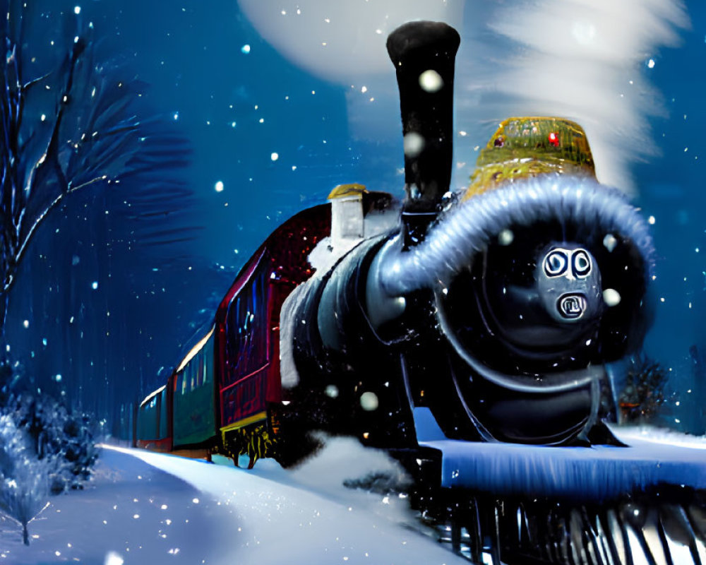 Vintage steam train in snowy night landscape with starry sky and overlay text