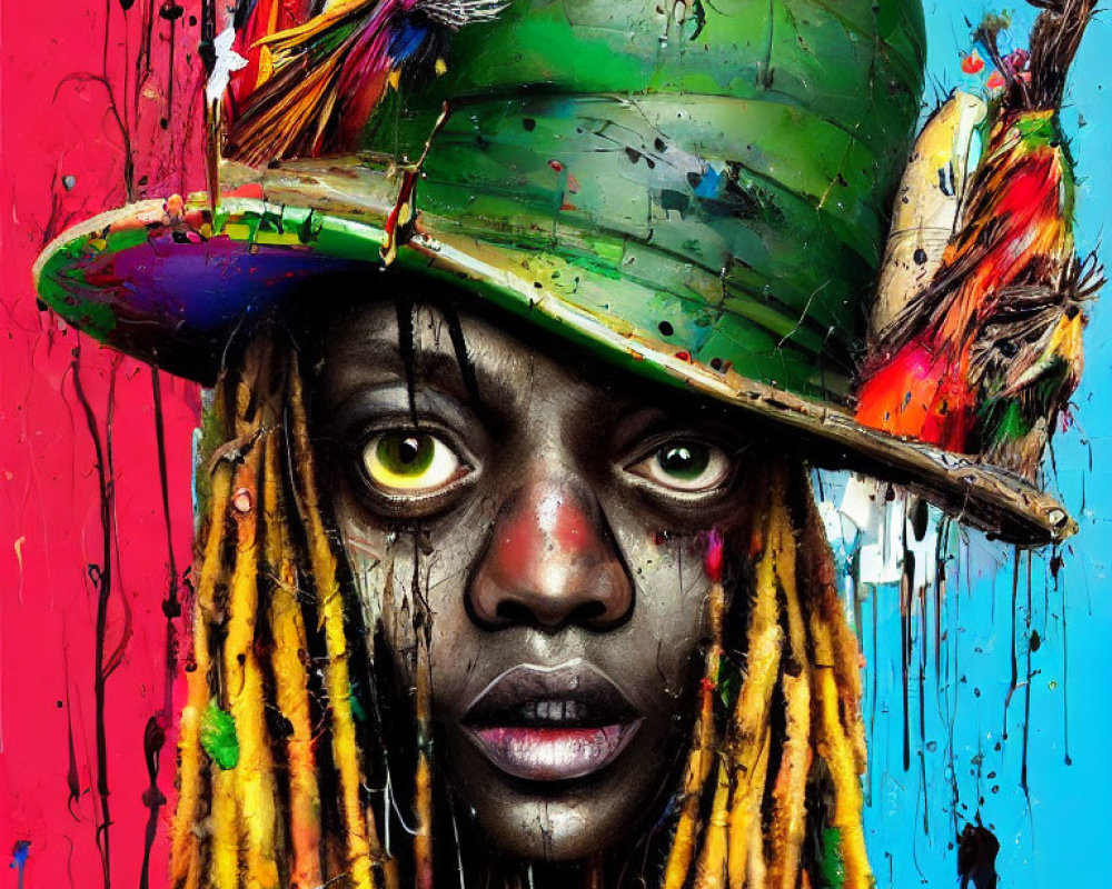 Colorful portrait of person with multicolored dreadlocks and green hat on blue and red background