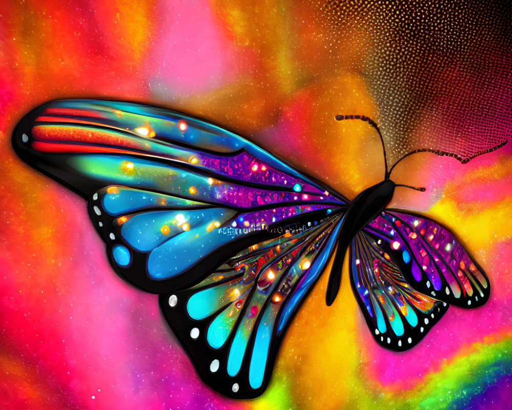 Colorful Butterfly Artwork with Illuminated Wings on Nebula Background