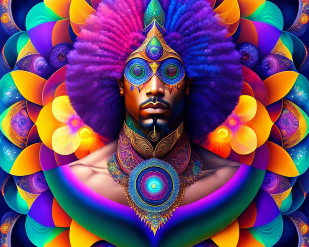 Colorful symmetrical digital art with central figure in elaborate headdress.