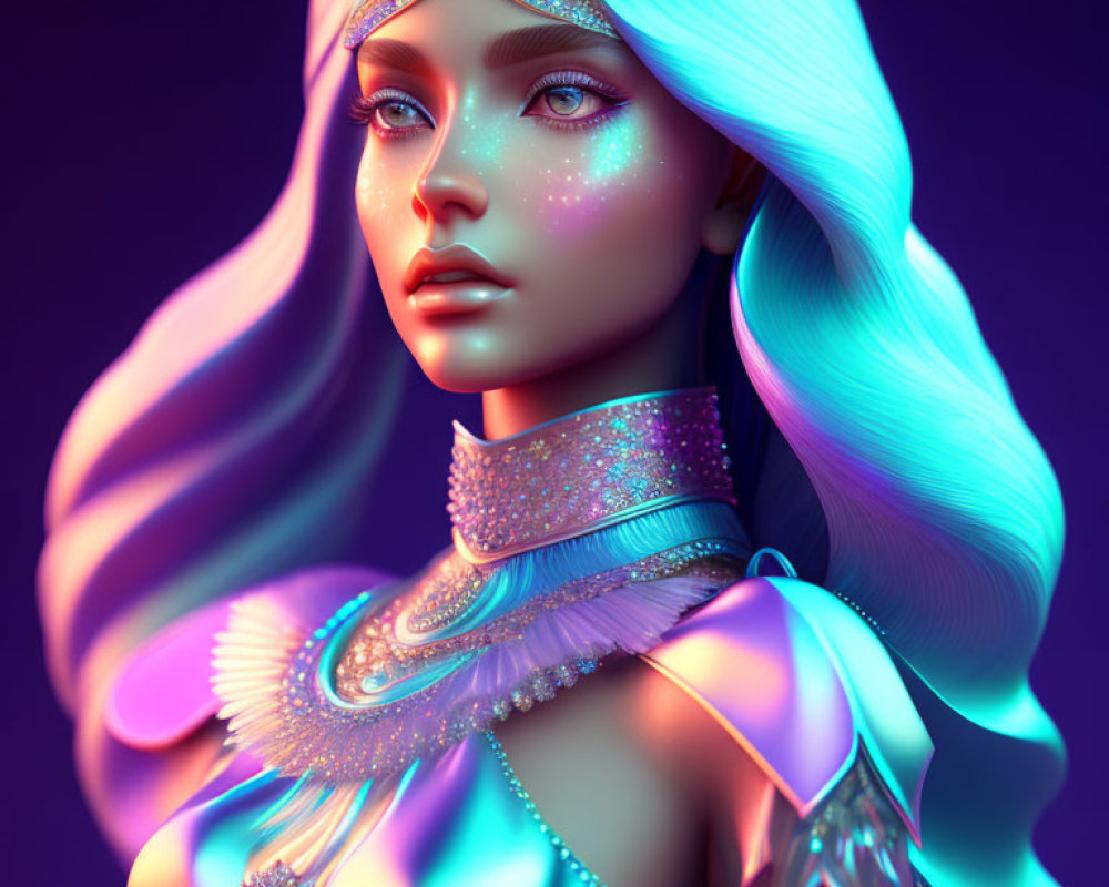 3D illustration: Woman with pastel blue hair, jewelry, sparkles, and serene expression