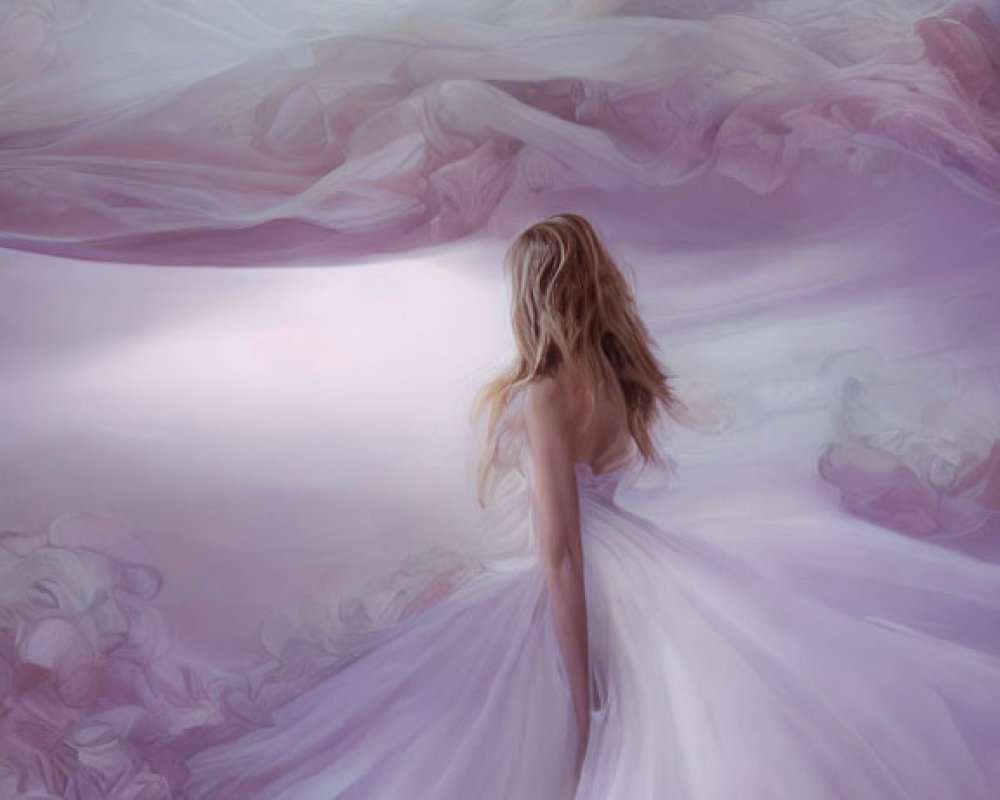 Woman in Pink Gown Walking Towards Light in Dreamy Setting