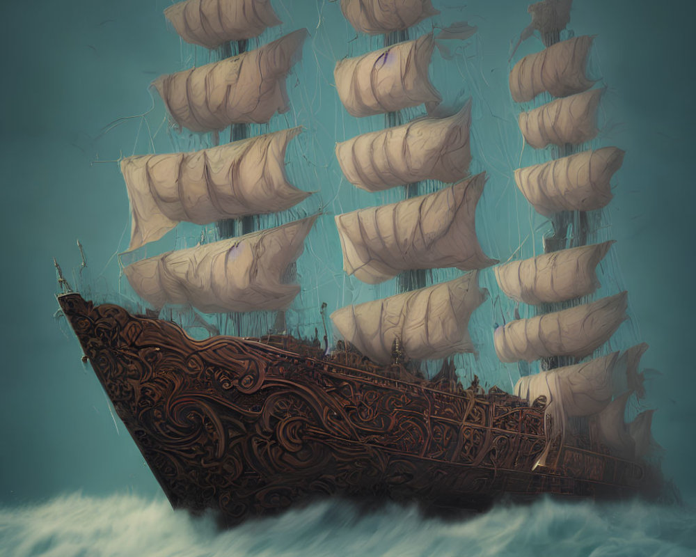 Carved wooden ship with billowing sails in turbulent seas