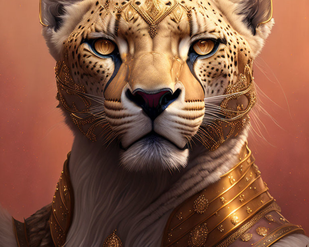 Golden-armored anthropomorphic leopard in warm setting