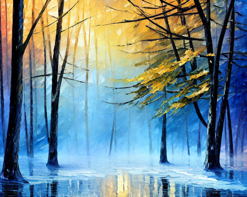 Colorful Forest with Trees Reflecting on Water in Cool Blue to Warm Golden Transition