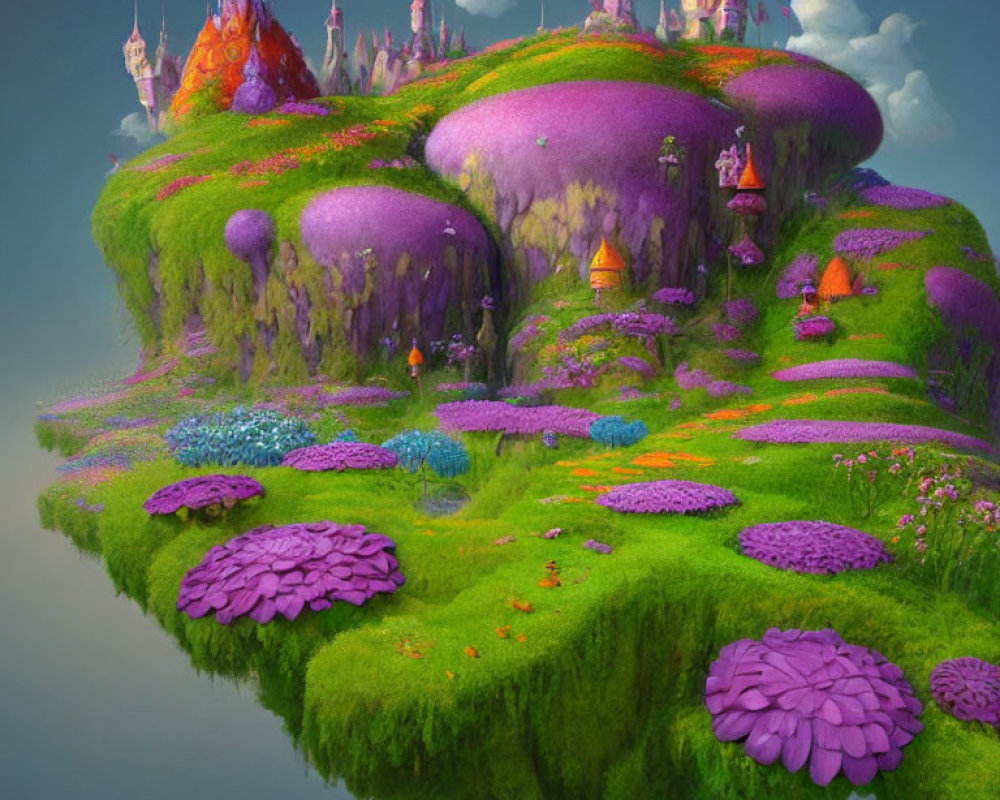 Colorful floating island with whimsical trees and fantasy castles in tranquil sky