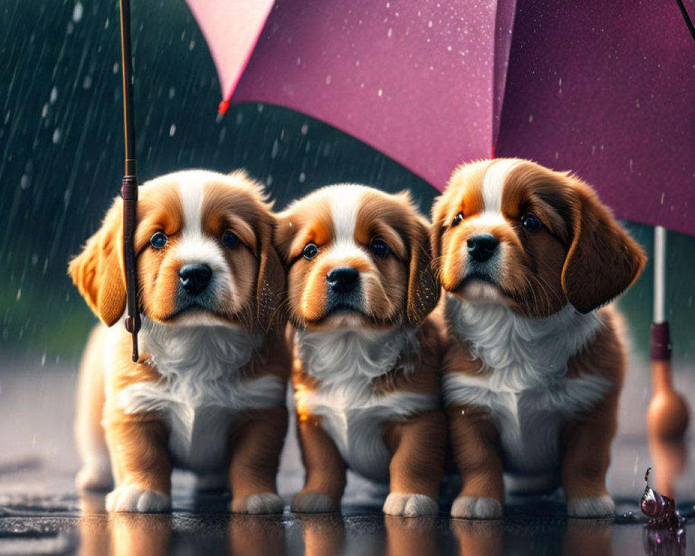 Three puppies under umbrella in rain