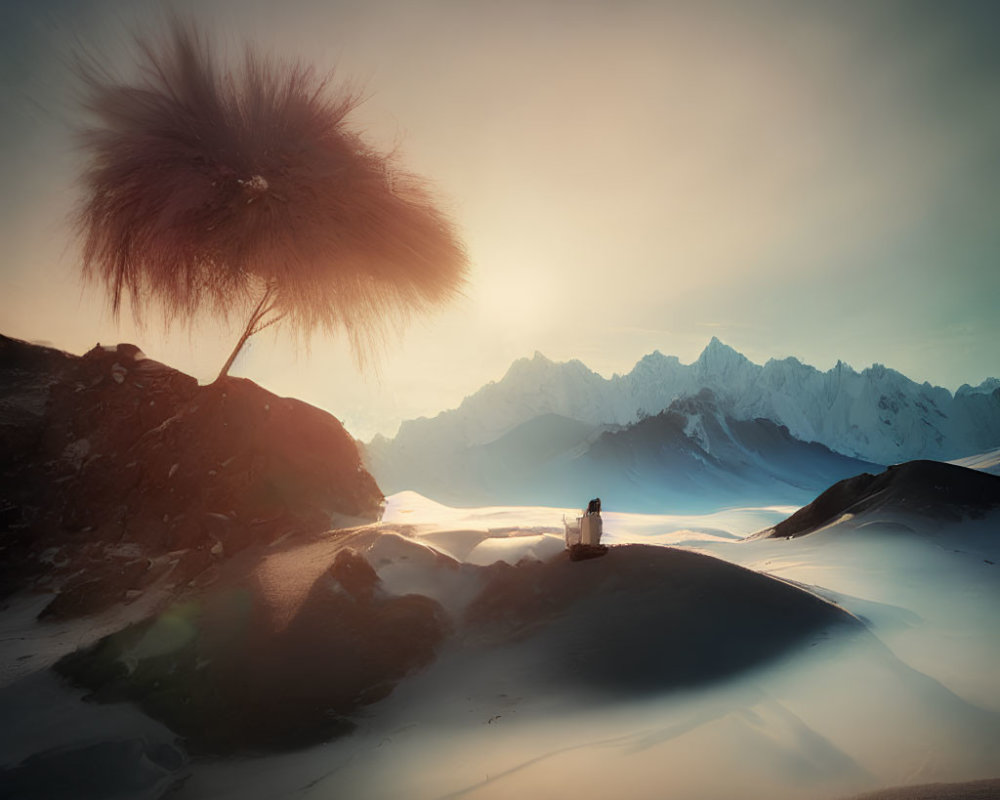 Surreal scene: person under oversized dandelion in serene landscape