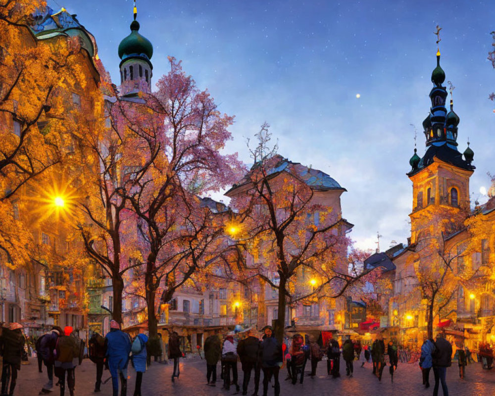 European Square Evening Scene with Illuminated Buildings and Trees