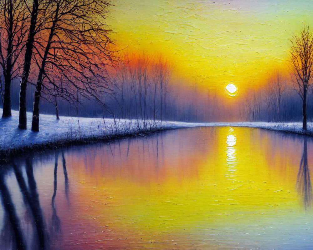 Snowy Landscape Painting: Sunset River Reflection & Silhouetted Trees