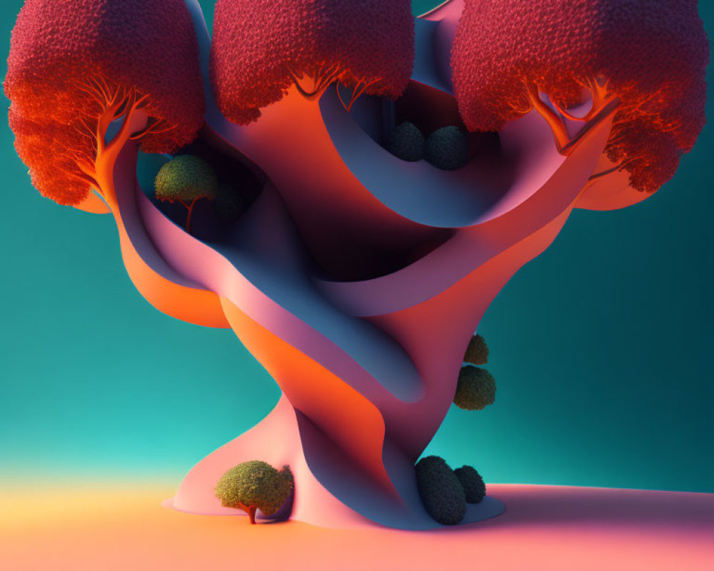 Surreal digital artwork: Fluid coral-like structures with pink treetops on teal and orange gradient