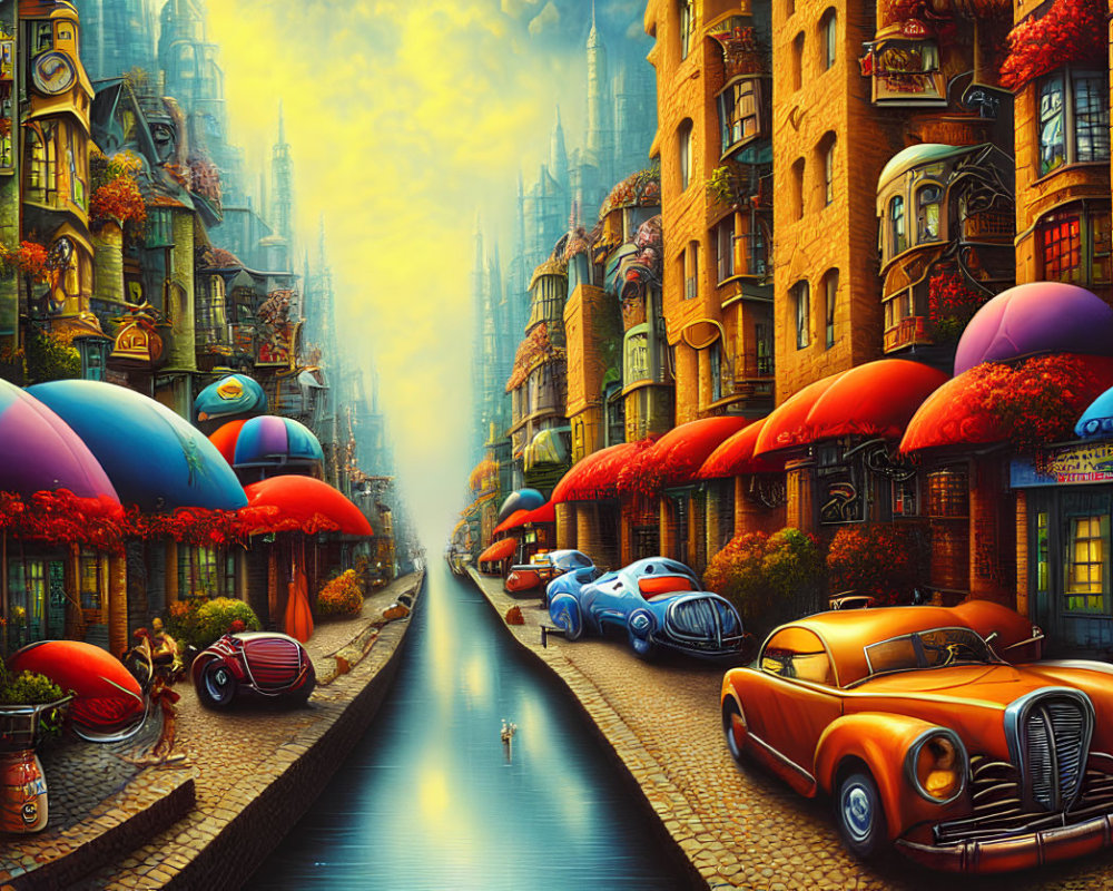 Vibrant cityscape with vintage cars and colorful buildings