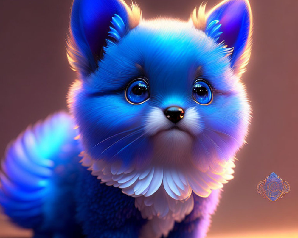 Blue fluffy fantasy creature with expressive eyes and feather-like details on ears and tail on warm background