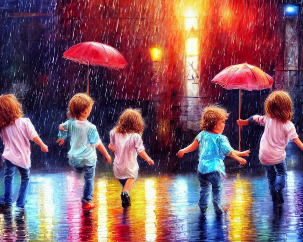 Group of children with umbrellas walking in colorful rain-soaked street