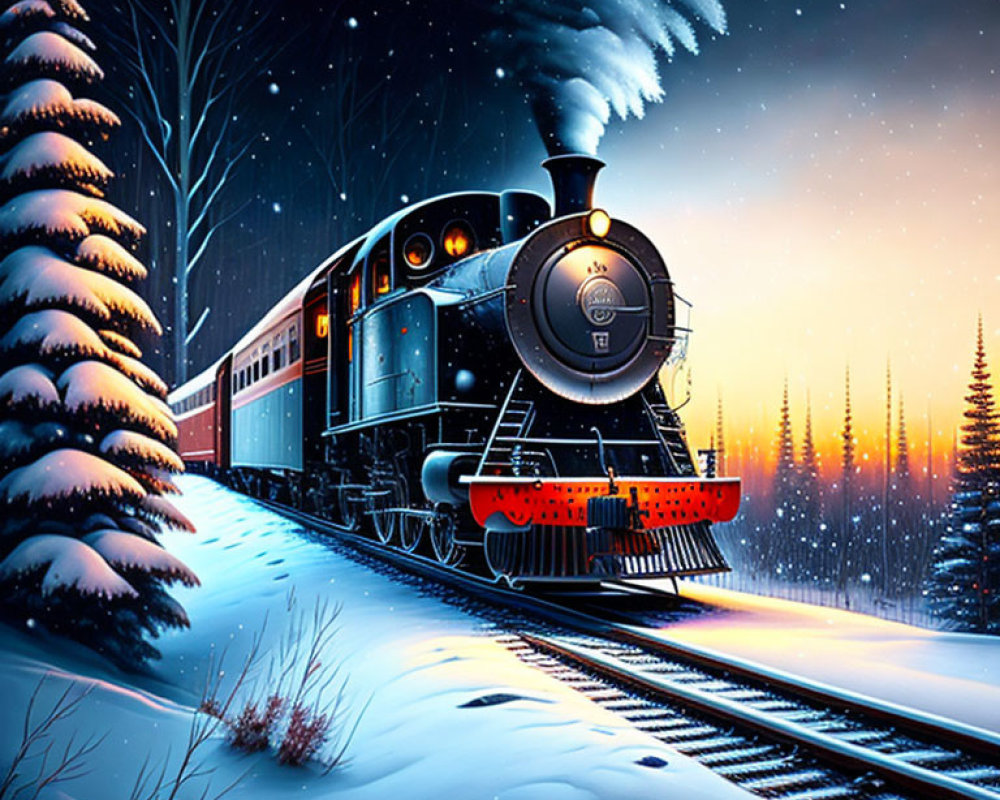 Vintage train in snowy landscape at night with headlight, snow-covered trees, starry sky