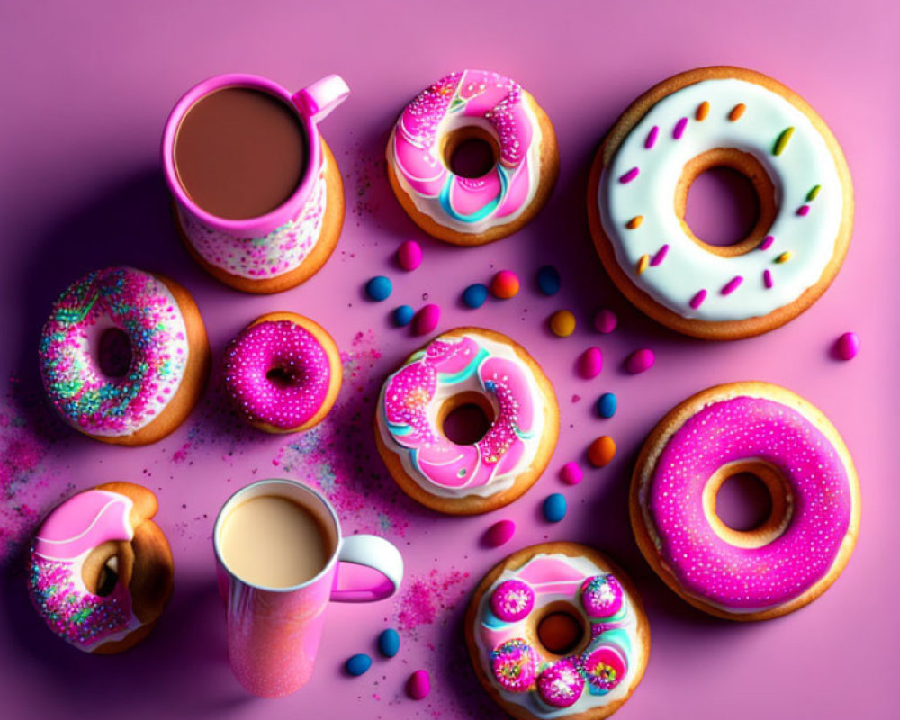 Vibrant Donuts and Coffee on Purple Background