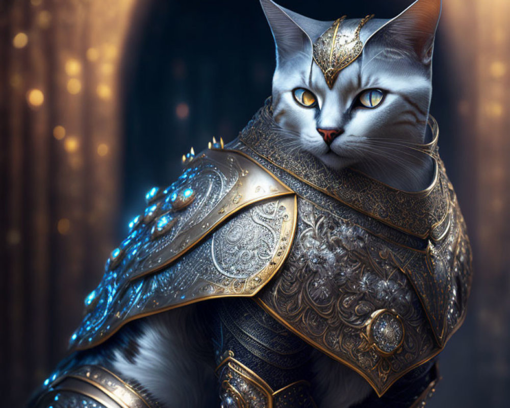 Majestic cat in golden armor with intricate designs, blurred archway background