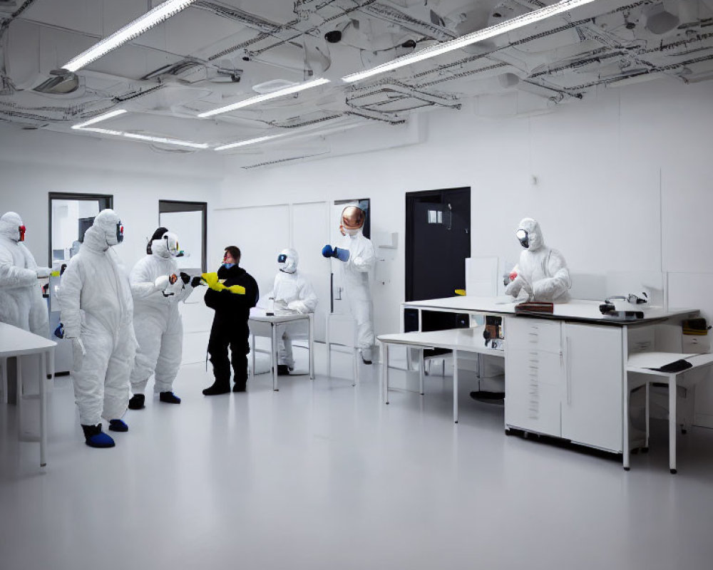 People in protective suits in cleanroom, one pointing during discussion or inspection