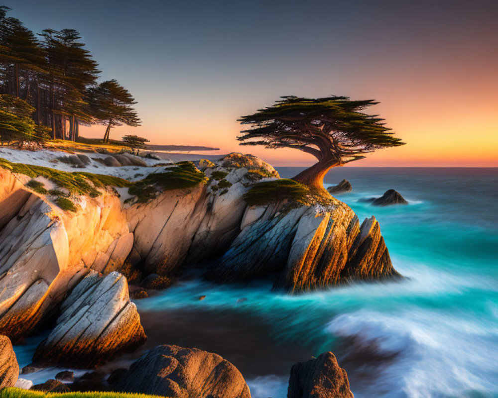 Scenic sunset over rugged coastline with windswept tree and crashing waves