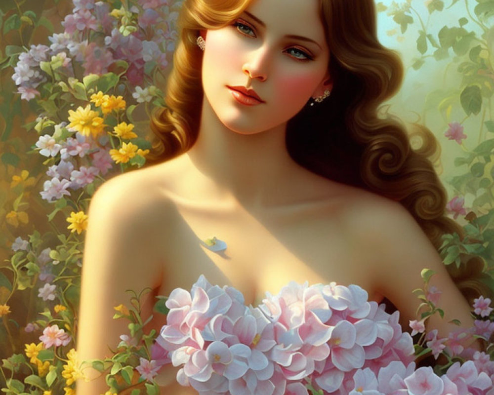 Woman with Flowing Hair Surrounded by Flowers and Hydrangeas