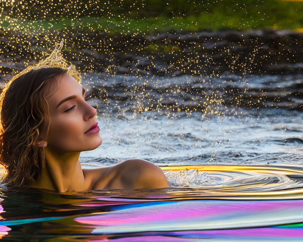 Person with Closed Eyes Submerged in Water with Sunlit Droplets