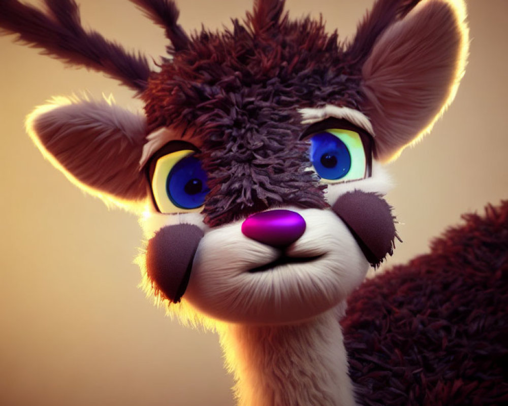 Stylized animated deer with expressive blue eyes and purple nose