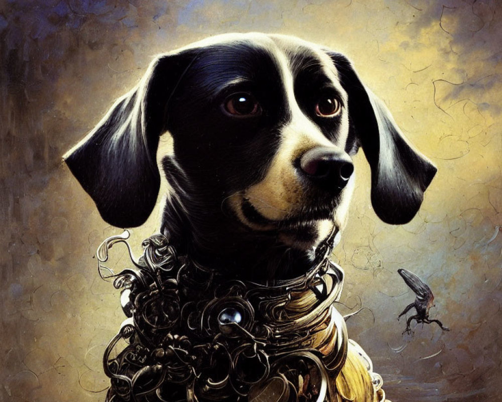 Black and White Dog in Golden Armor on Textured Background